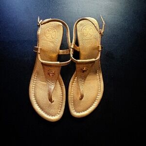 Tory Burch Logo Wedge Thong Sandal cork‎ wedge heel size 6.5 gold